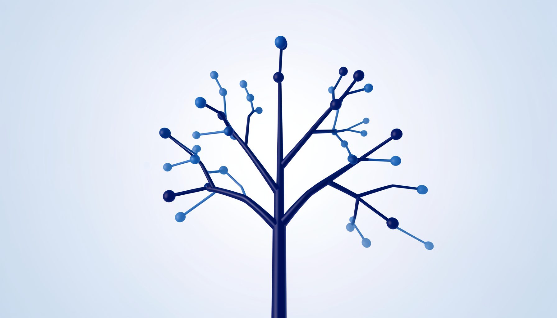 A clean abstract illustration of a tree-like branching structure with connected nodes, rendered in deep indigo and soft blue tones